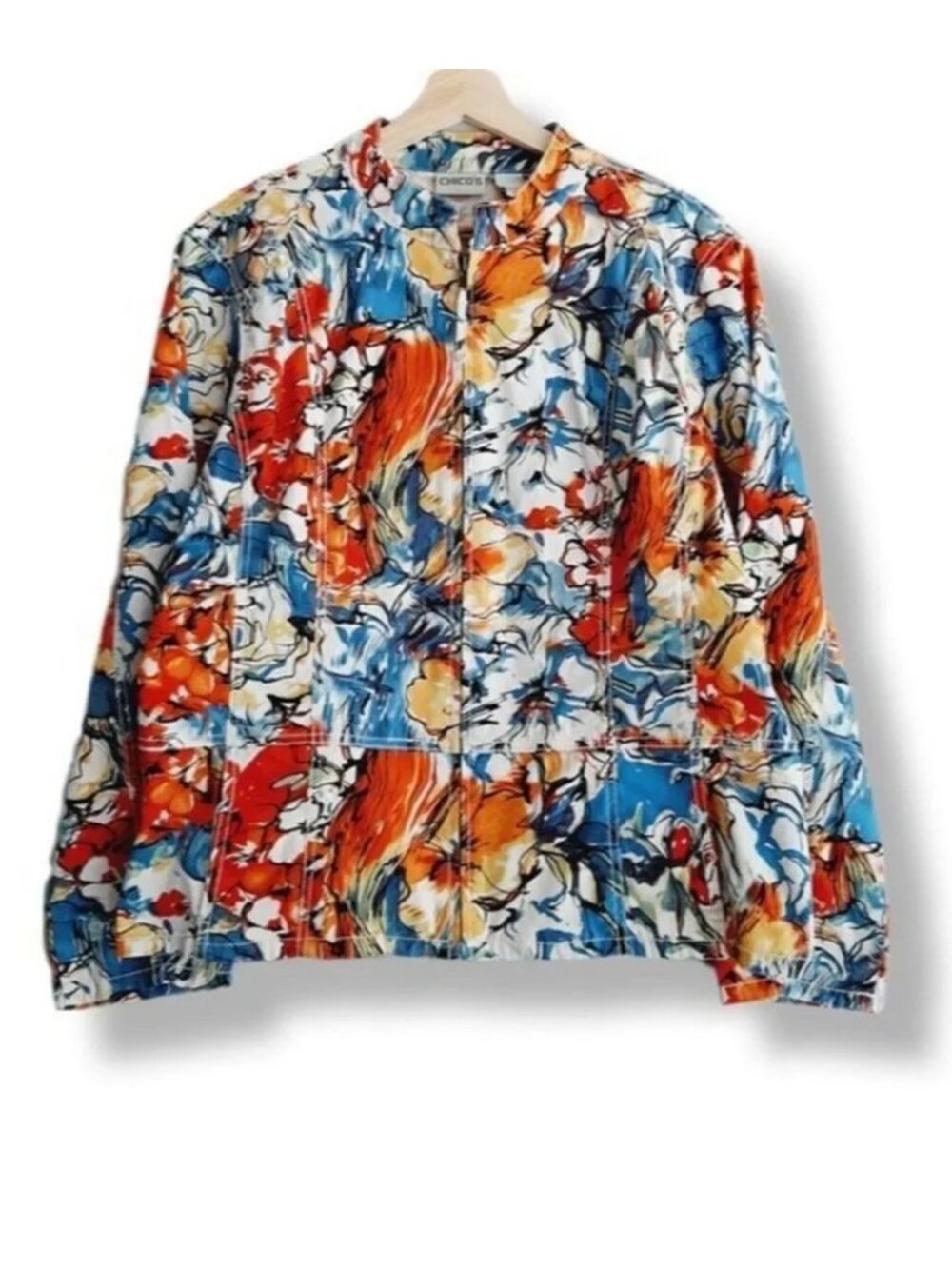 CHICO'S Full Zip Jacket Unlined Light Cotton Blend Floral Blue & Red Sz XL | 3